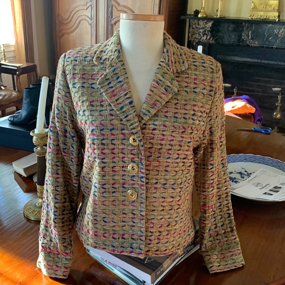 ANN MAY 100% SILK Woven Beige Multi Color Geo Career Blazer Jacket